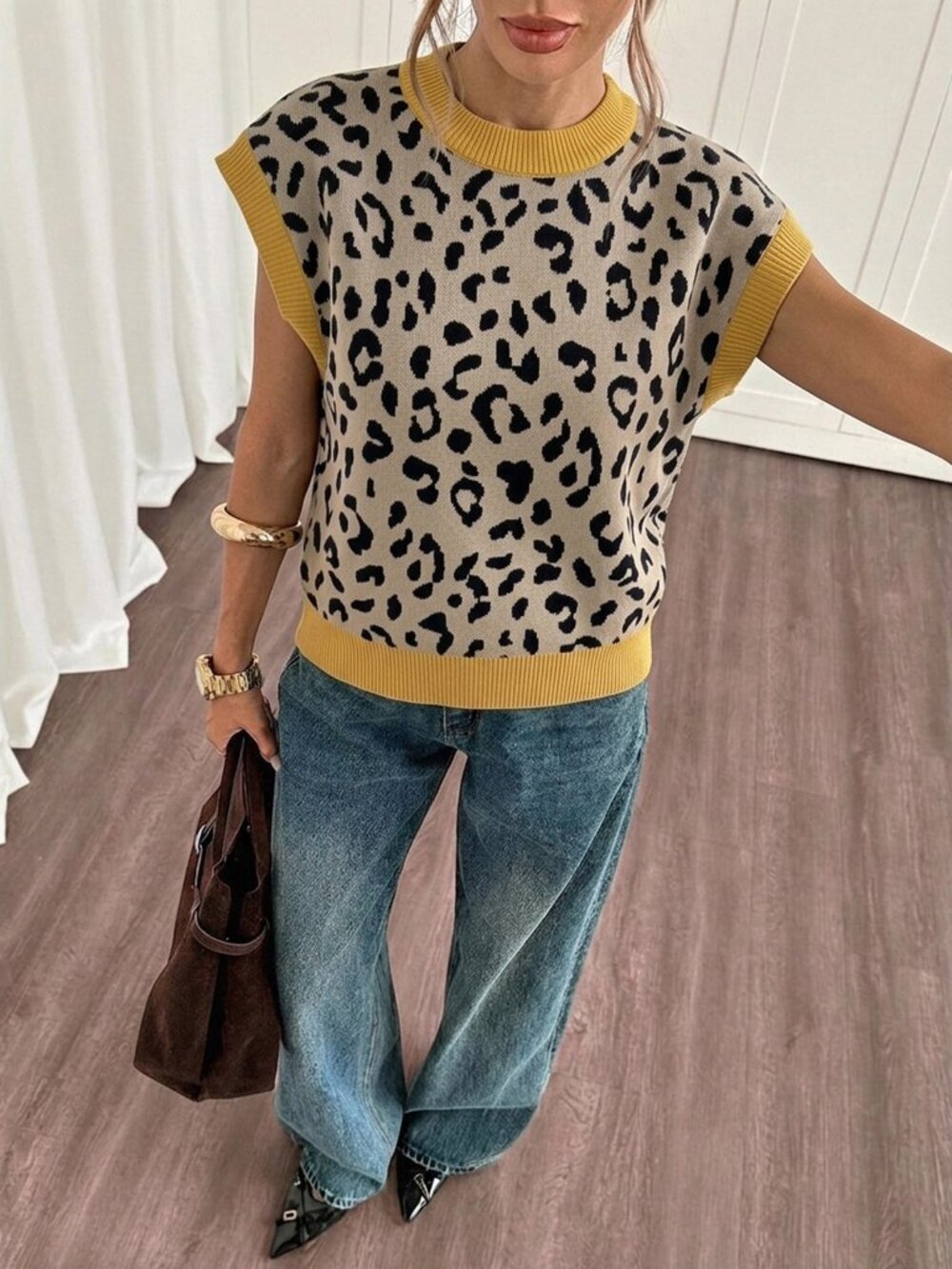 Multicolor Casual Women's Leopard Print Patchwork Knit Top - Picture 3 of 5